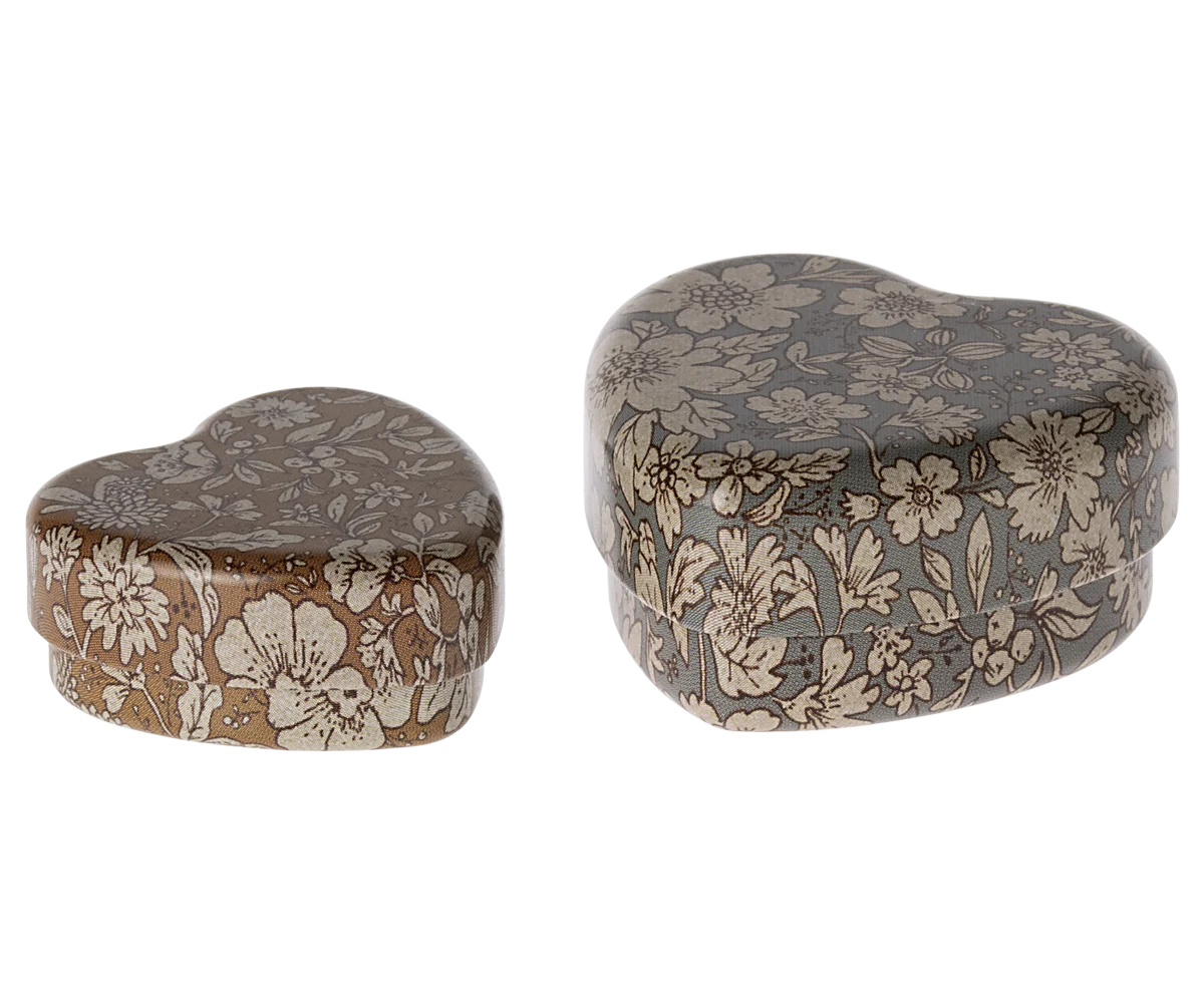 Maileg 2 pc Metal Heart Box in Blue & Ocher Blossom