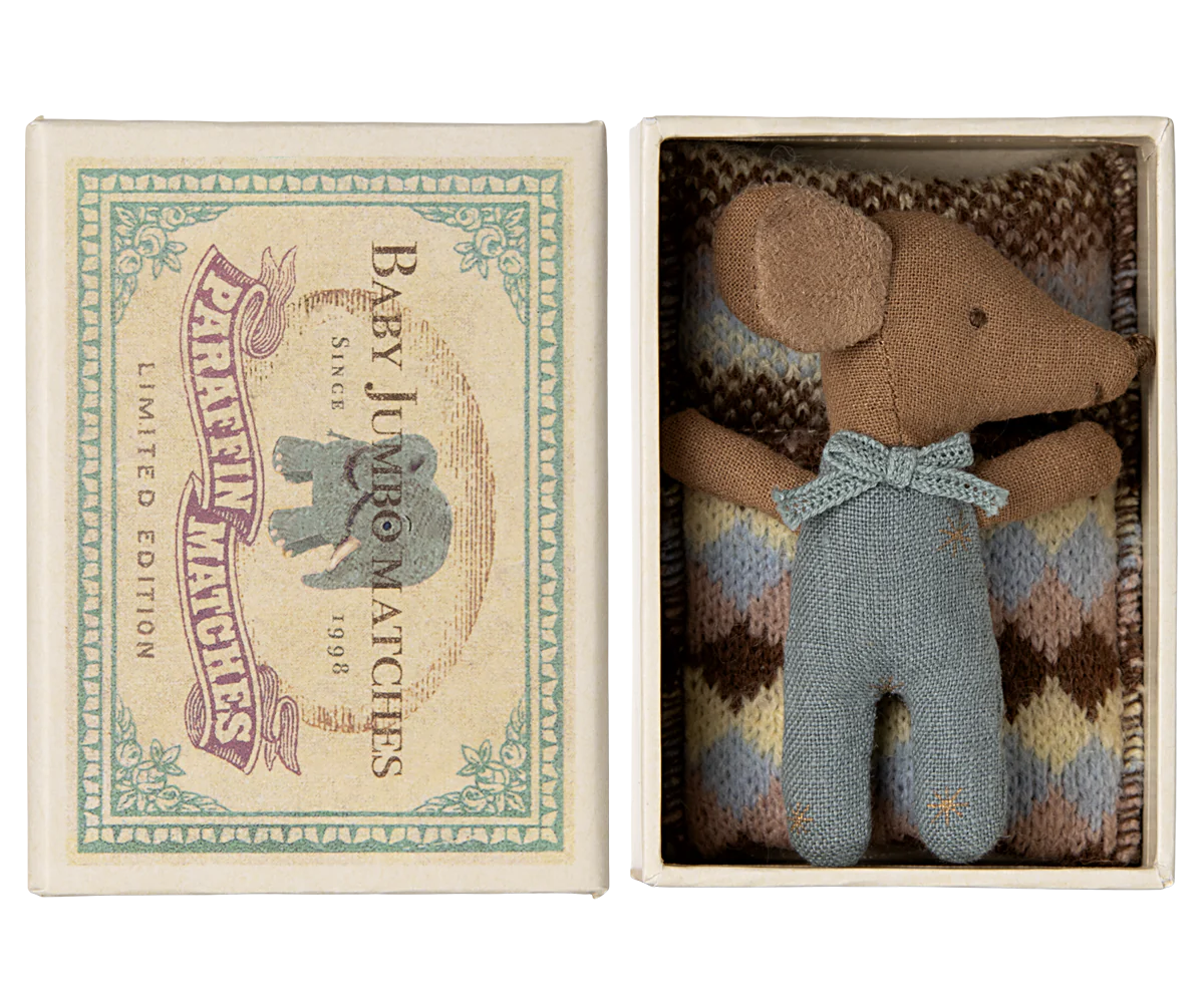 Maileg Blue Sleepy Wakey Baby Mouse in Matchbox