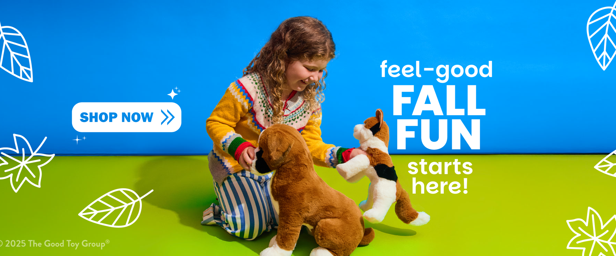 Child playing with stuffed animals on a green floor with a blue background, featuring text 'feel-good FALL FUN starts here!'.