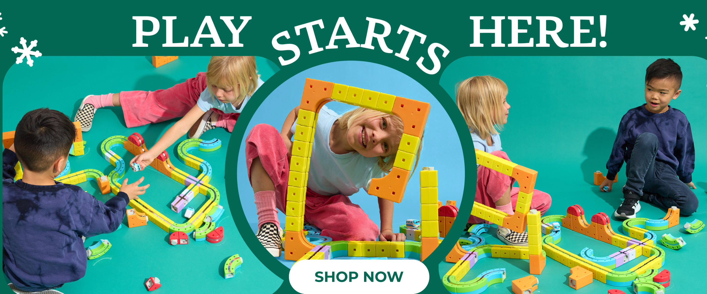 Children playing with a colorful toy track set against a green background with text 'Play Starts Here! Shop Now'.