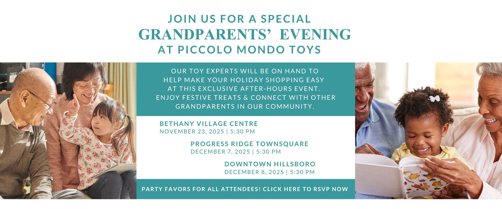 Grandparents' Special "After Hours" event at Piccolo Mondo Toys with images of grandparents and children.