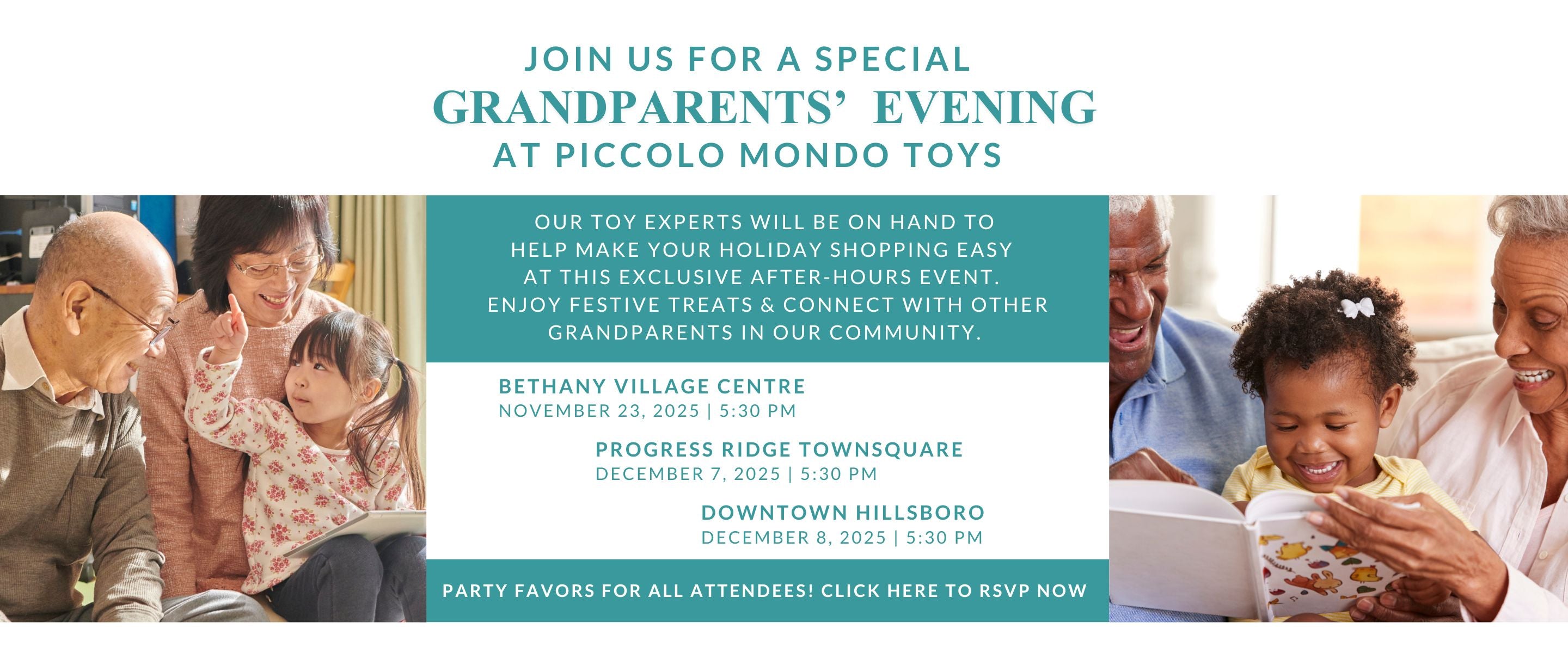 Grandparents' Special "After Hours" event at Piccolo Mondo Toys with images of grandparents and children.