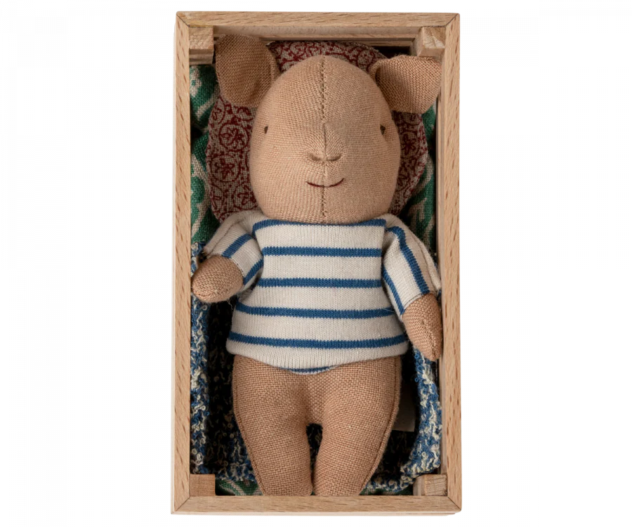 Maileg Baby Pig with Blue Striped Shirt in a Wooden Box