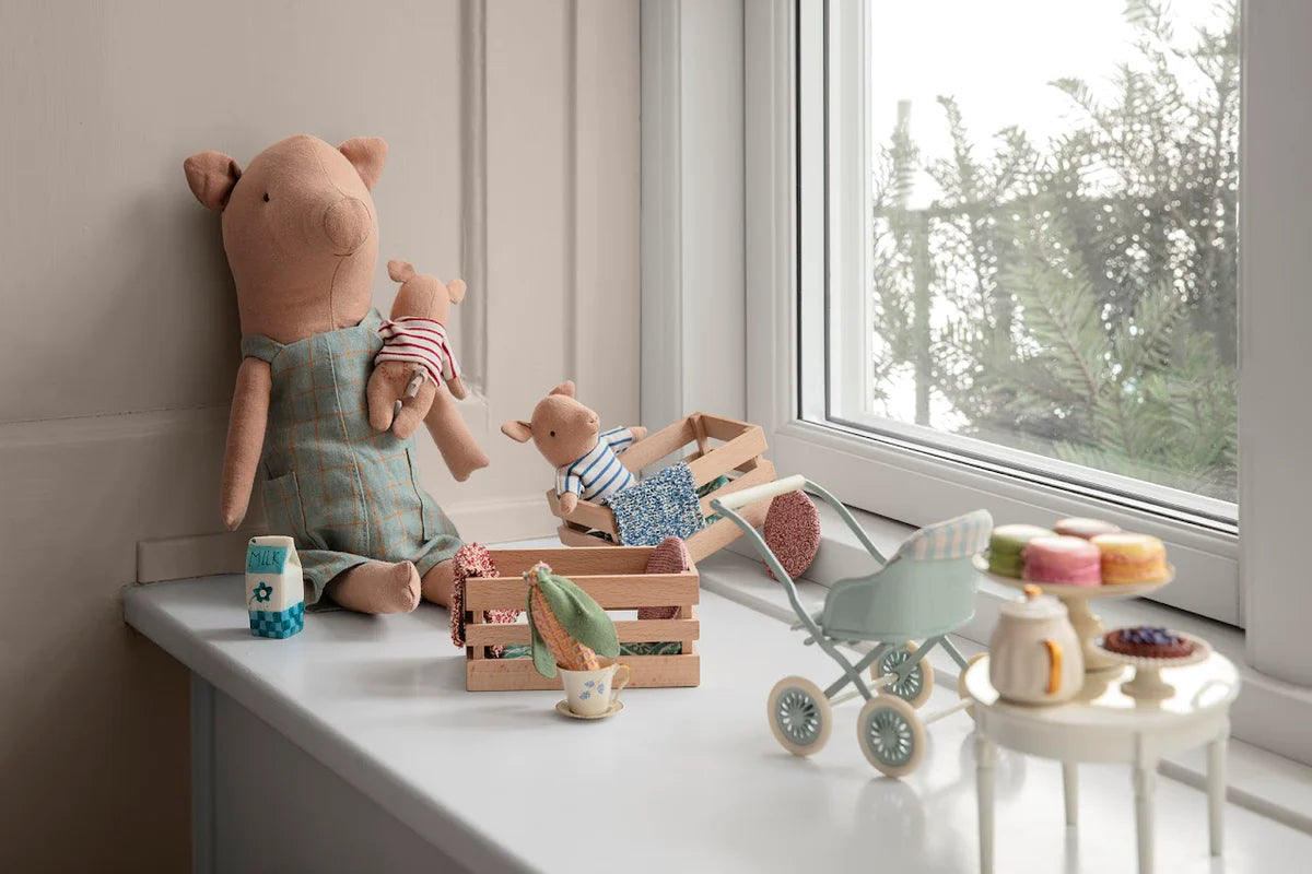 Maileg Baby Pig with Blue Striped Shirt in a Wooden Box