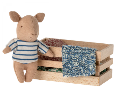Maileg Baby Pig with Blue Striped Shirt in a Wooden Box