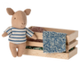 Maileg Baby Pig with Blue Striped Shirt in a Wooden Box