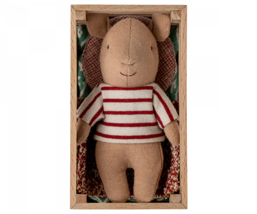 Maileg Baby Pig with Red Striped Shirt in a Wooden Box