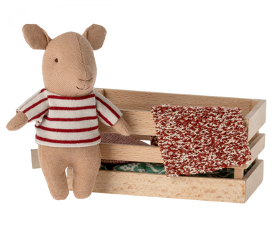 Maileg Baby Pig with Red Striped Shirt in a Wooden Box