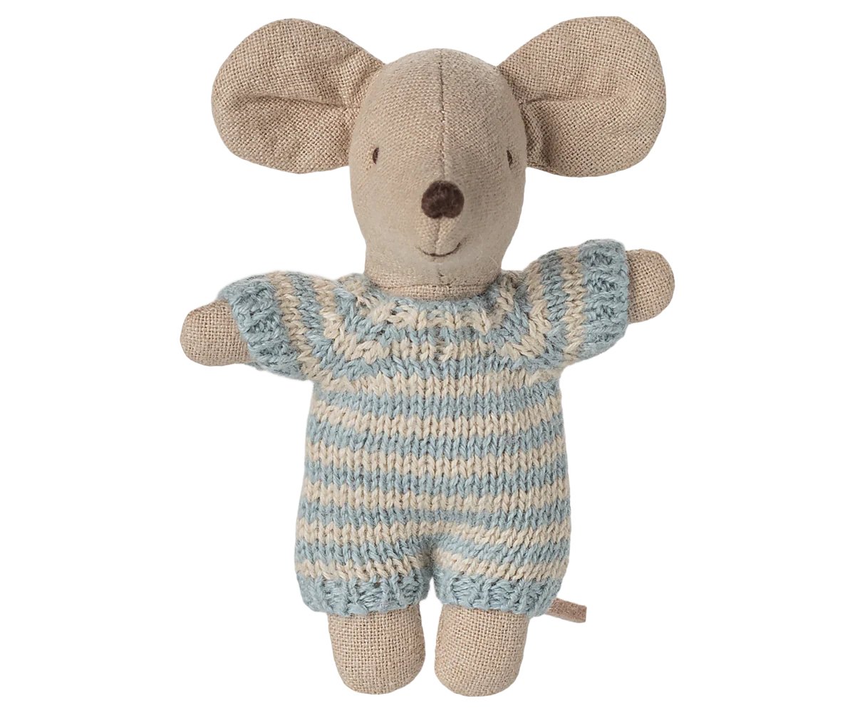 Maileg Blue Baby Mouse in Carry Cot
