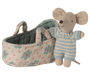 Maileg Blue Baby Mouse in Carry Cot