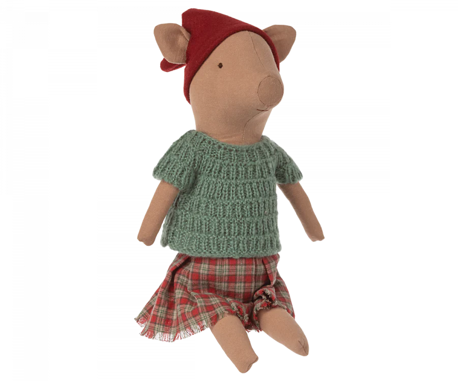 Maileg Christmas Pig in Plaid Skirt