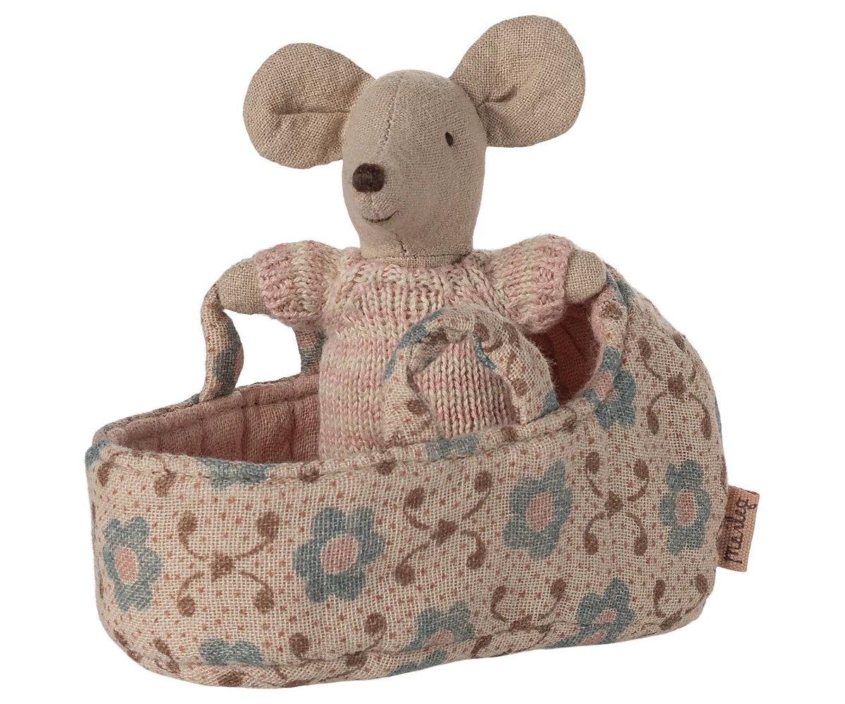 Maileg Rose Baby Mouse in Carry Cot