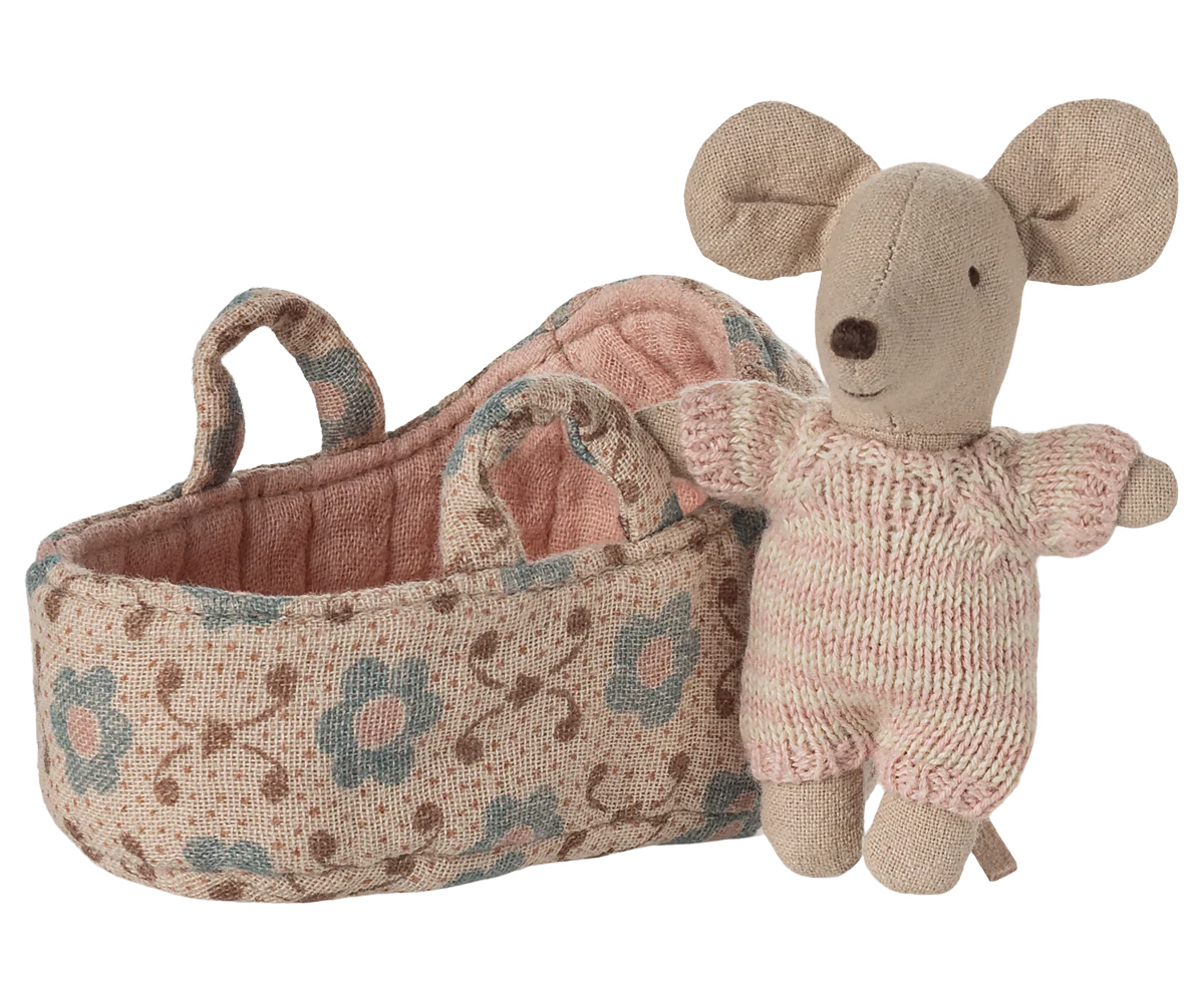 Maileg Rose Baby Mouse in Carry Cot