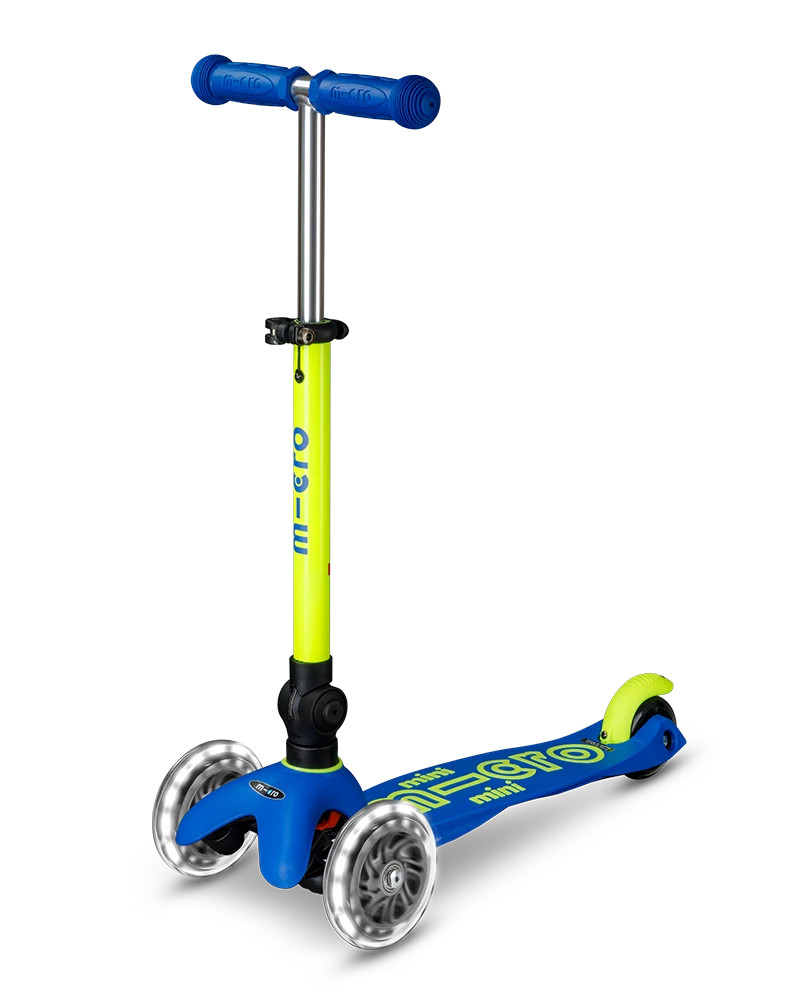 Neon Canary Yellow & Blue LED Mini Deluxe Foldable Micro Kickboard Scooter