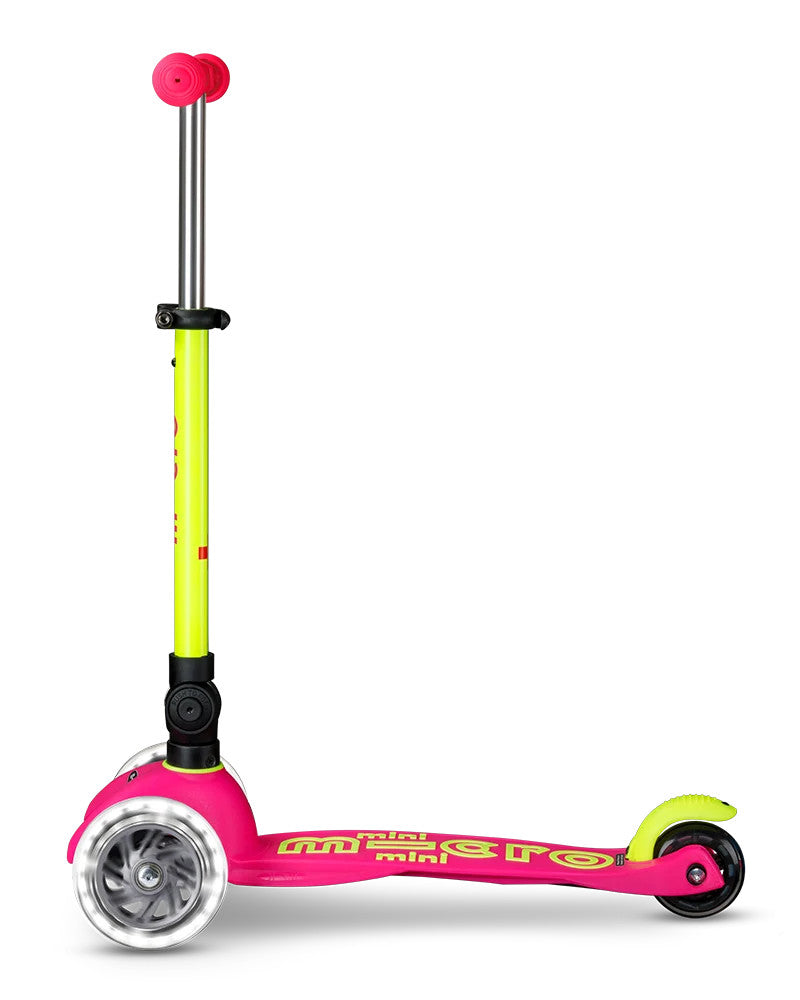 Neon Flamingo PInk & Yellow LED Mini Deluxe Foldable Micro Kickboard Scooter