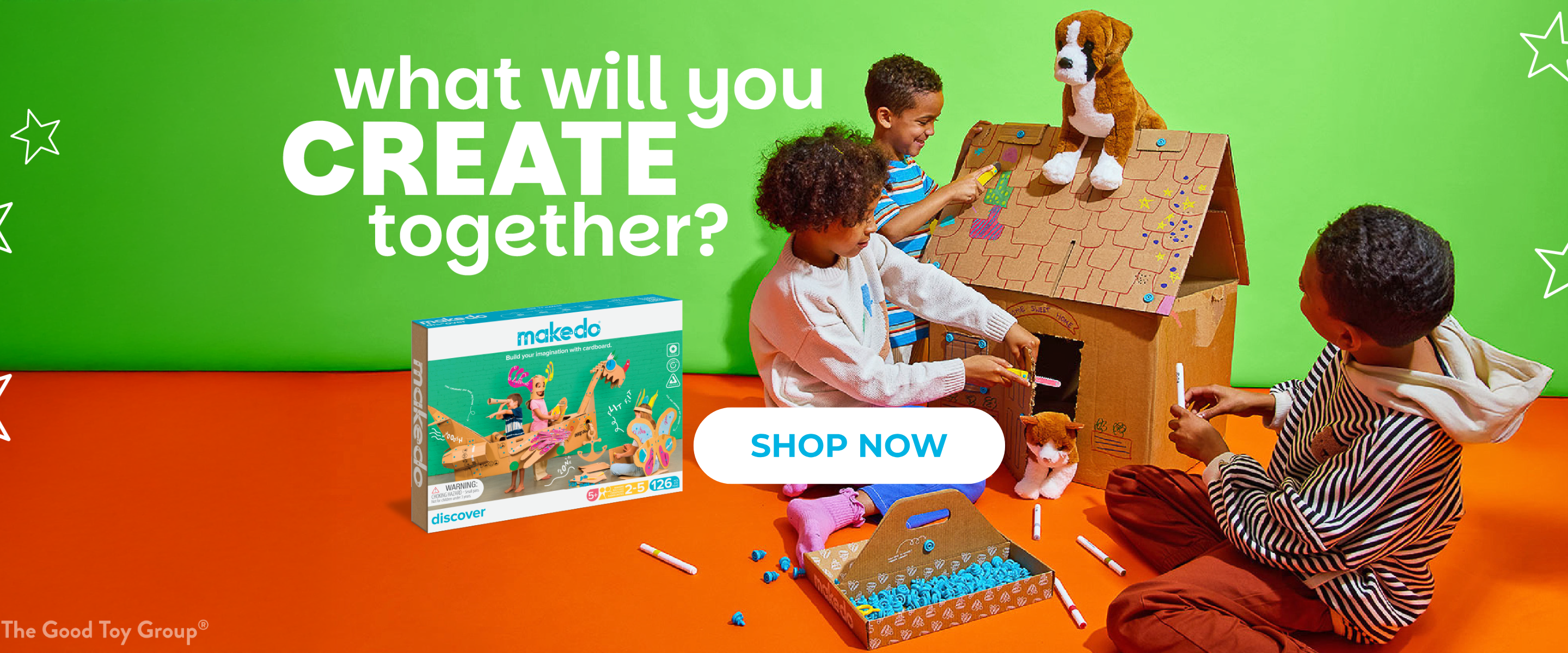 Children playing with a cardboard house and Makedo construction set against a green background with promotional text.