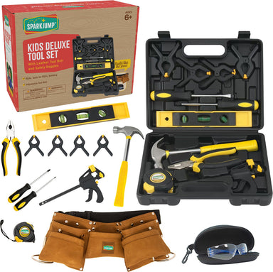 Kids Deluxe Tool Set with Leather Tool Belt & Safety Goggles
