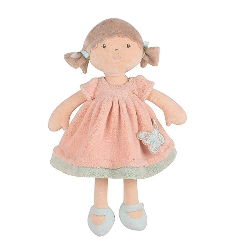 Pia Soft Doll with Light Brown Hair in Peach & Blue Dress